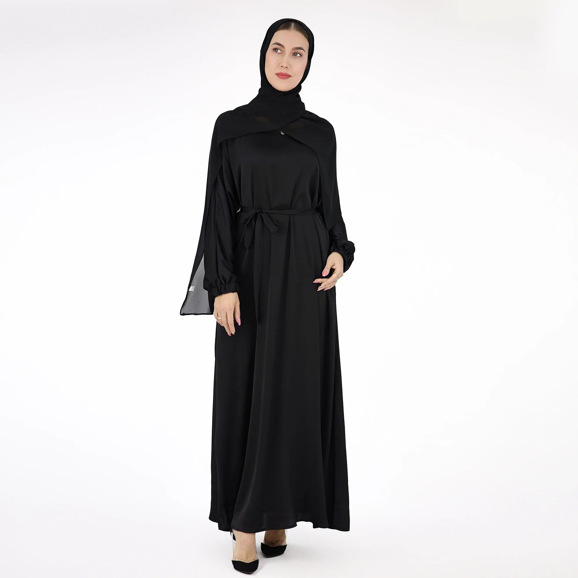 Drop Shipping Loriya New Trend Wrinkle Satin Women Modest Abaya Women Muslim Dress Fashion Muslim Clothing with Elastic Sleeve a