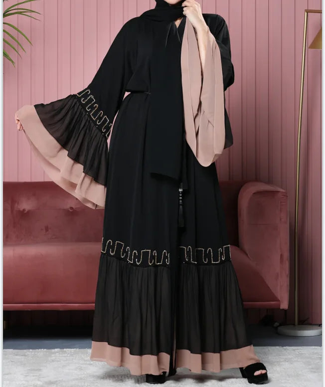 Drop Shipping Loriya New Abaya Duba Muslim Women Dress Ruffle Design Rhinestone Islamic Clothing Black Open Abaya Modest Dress