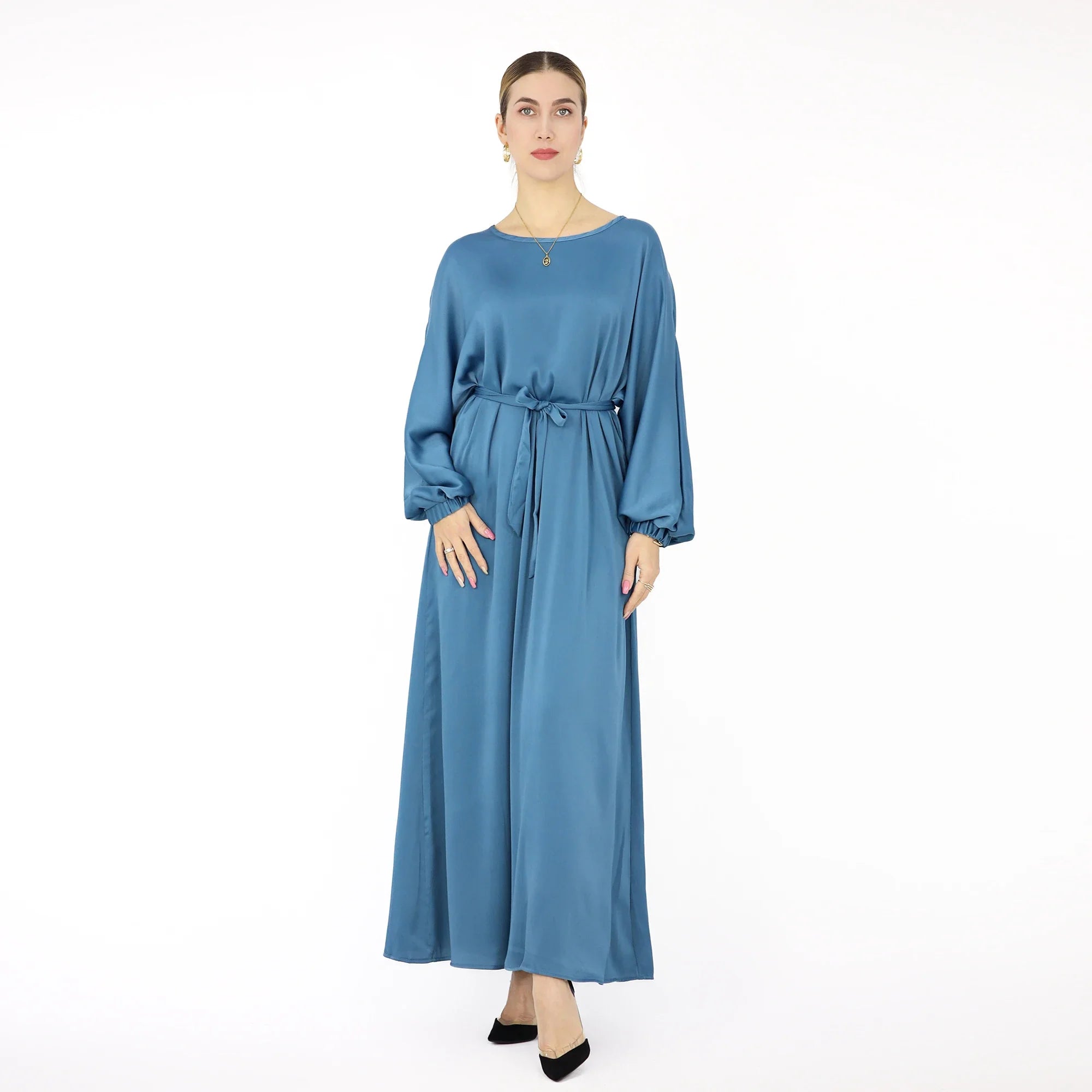 Drop Shipping Loriya New Trend Wrinkle Satin Women Modest Abaya Women Muslim Dress Fashion Muslim Clothing with Elastic Sleeve a