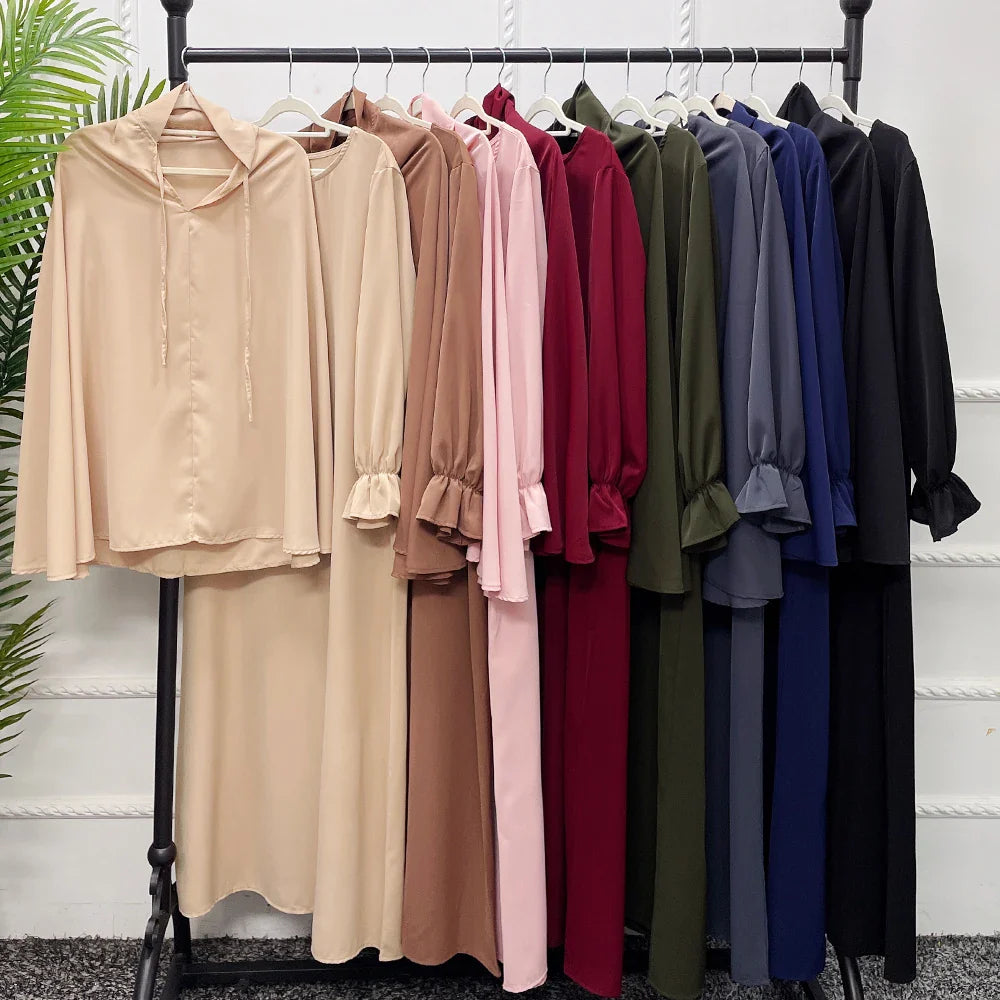 Drop Shipping Loriya Eid Modest Khimar Hijab Abaya Set Nida Fabric Muslim Khimar Abaya Dress 2 Pieces Wholesale