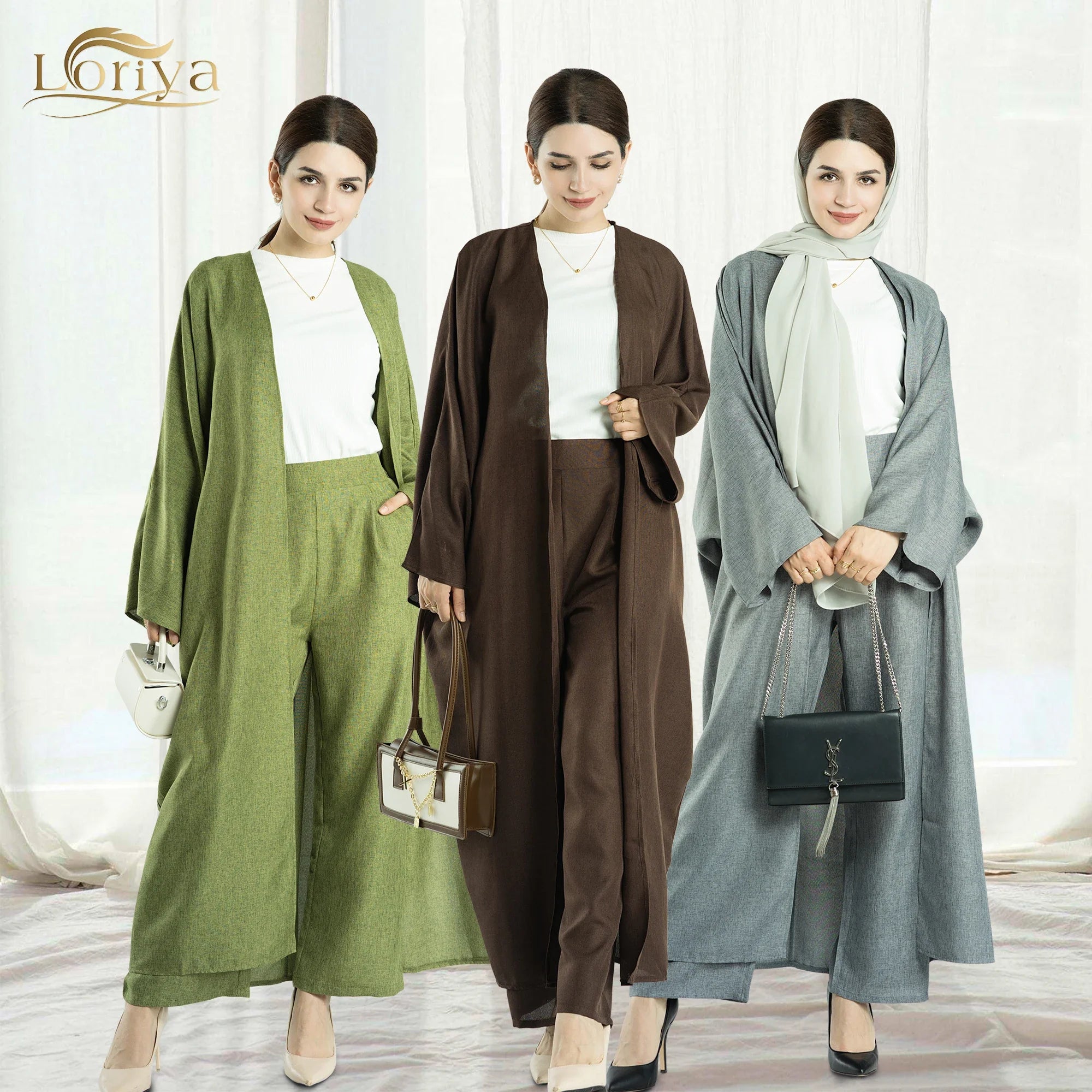 2023 Loriya Fashion New EID Design Islamic Clothing Linen Fabric Turkey Abaya Set Dubai Muslim Women Dress Abaya