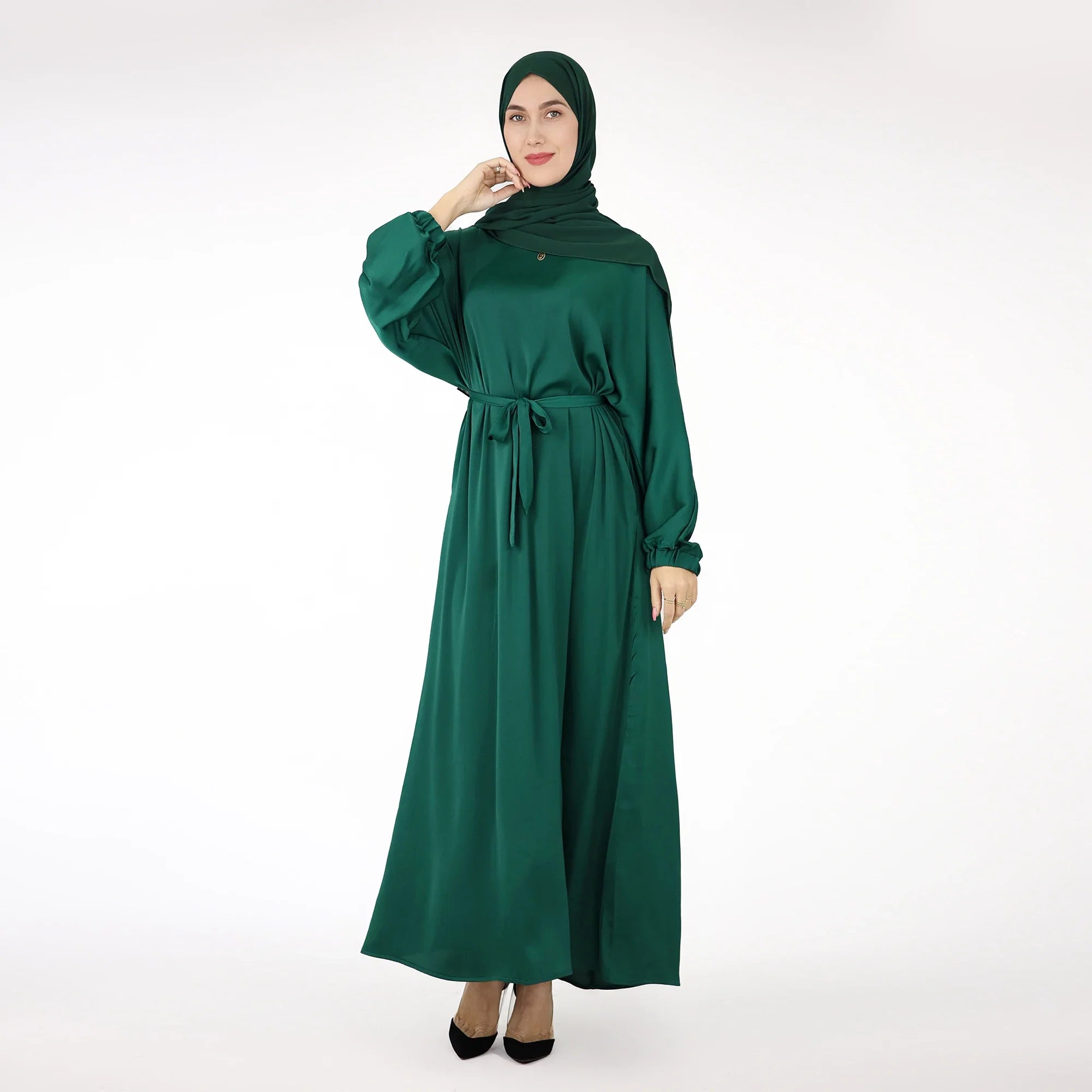 Drop Shipping Loriya New Trend Wrinkle Satin Women Modest Abaya Women Muslim Dress Fashion Muslim Clothing with Elastic Sleeve a