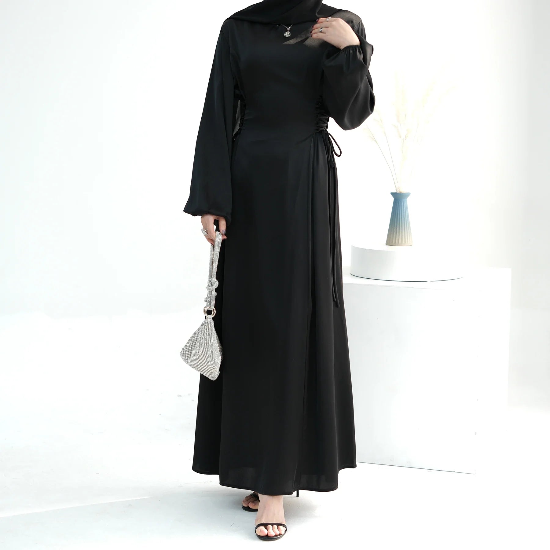 2024 Loriya Modest Satin Women Casual Dress Long Sleeve Middle East Arabic Islamic Clothing Modest Abaya Muslim Dress