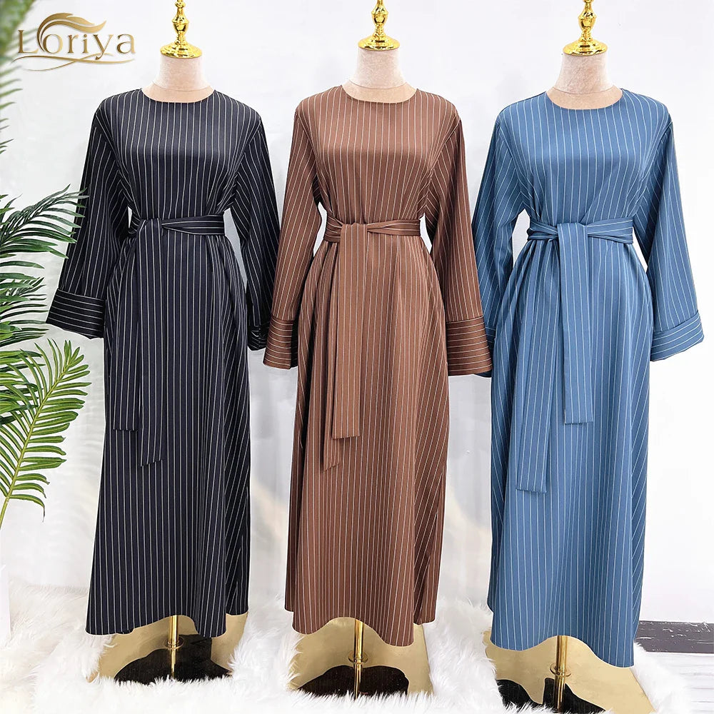 2023 Loriya New Women Muslim plain Abaya Black abaya with Stripe Pattern Dubai Ramadan Kaftan Islamic Arab Clothing