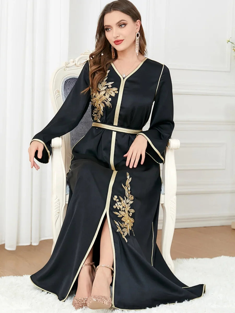 Loriya Wholesale Muslim Women Dress Long Sleeve V Neck Elegant Black Kaftan Modest Dress Abaya Islamic Clothing