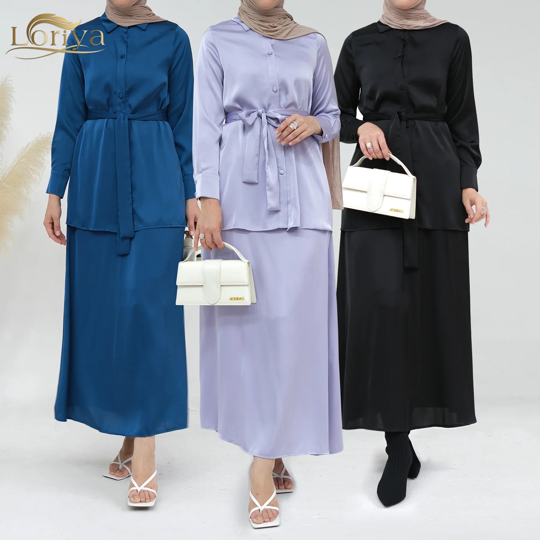 2023 Loriya Elegant Islamic Clothing Modest Dresses Abaya Muslim Women Satin Top and Skirt 2 Piece Abaya Set Casual Dresses