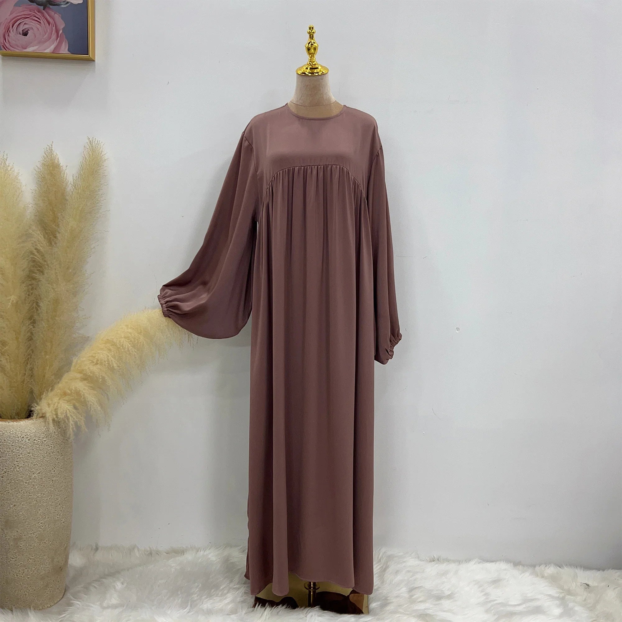 Loriya New Abaya Dubai Muslim Dress Puff Sleeve Silk Satin Plain Abaya Women Hijab Dress Muslim Islamic Clothing