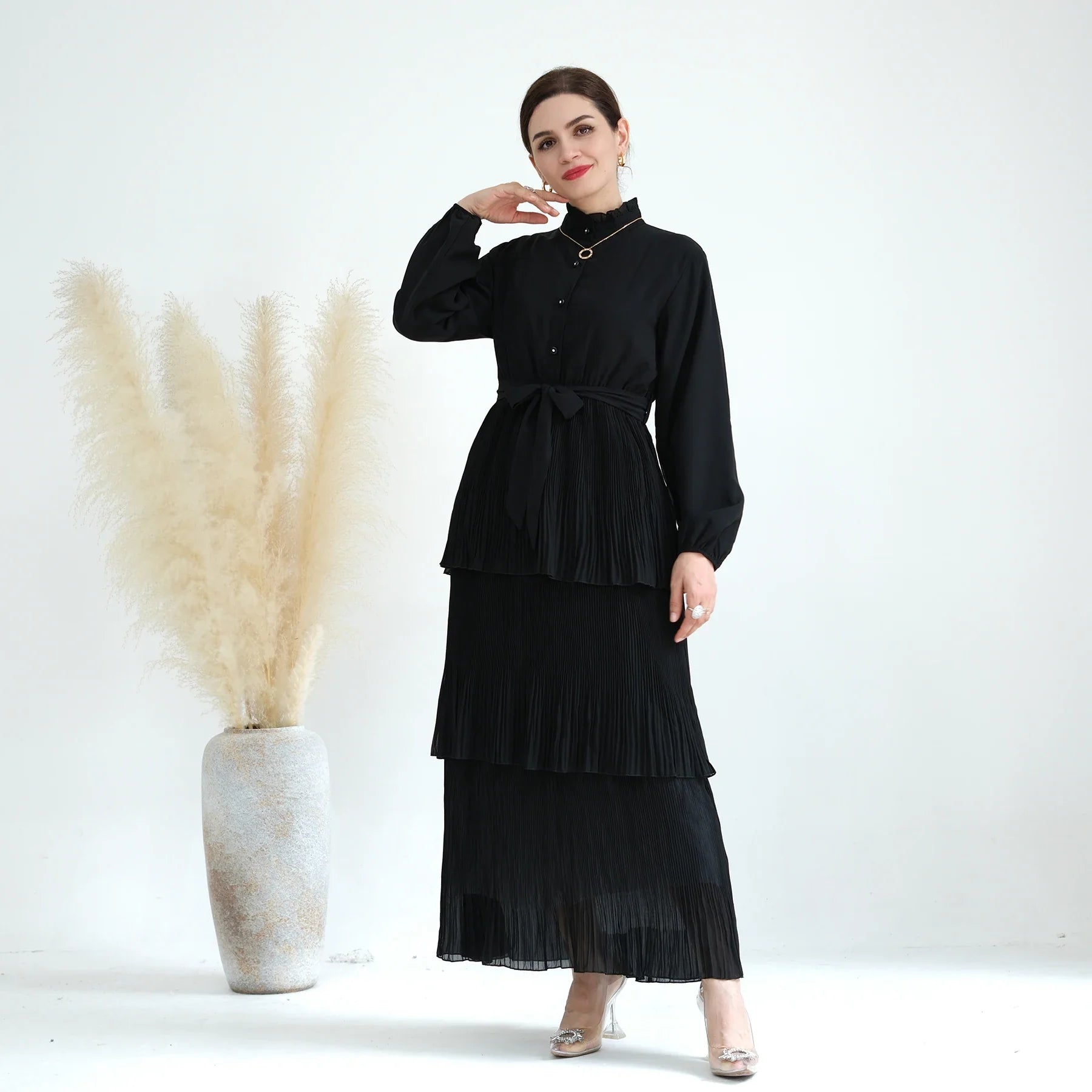 Loriya Wholesale Customized Dresses Solid Color Chiffon Abaya Dress Long Sleeves Maxi Women Dress