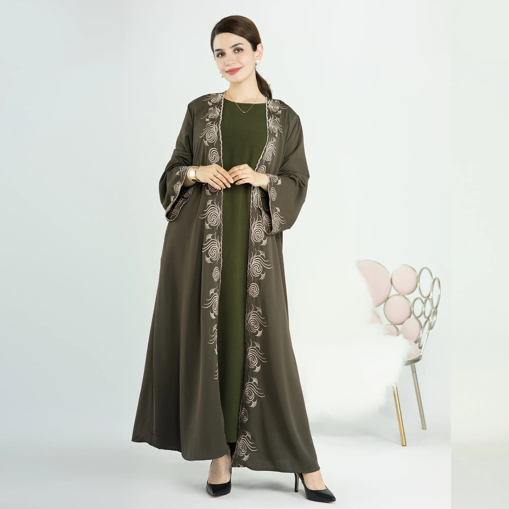 2023 Loriya Fashion New Embroidery Flower Cardigan Open Abaya Islamic Clothing for Muslim Girls Abaya Designs