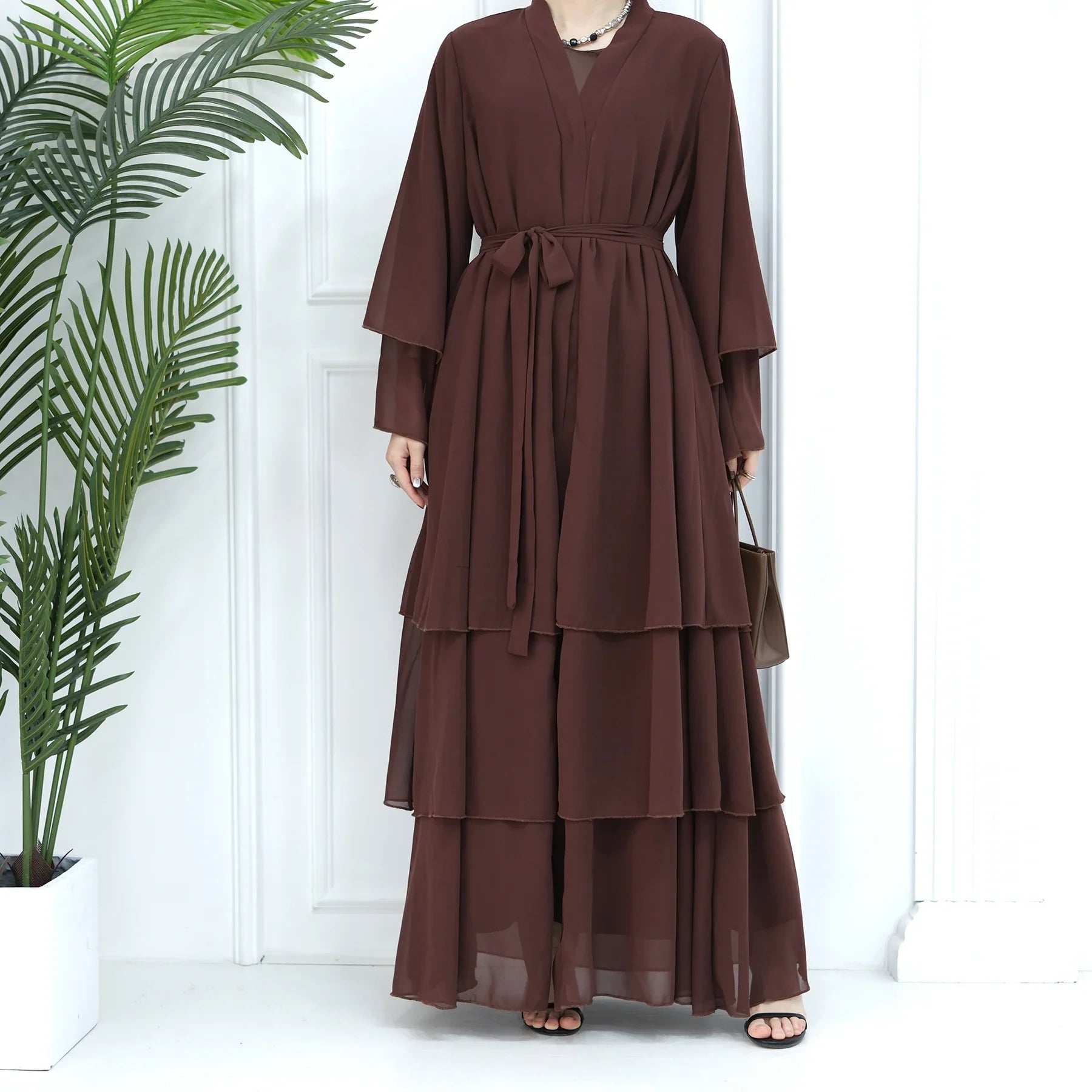 Loriya 2024 New Big Hem Dubai Elegant Kimono Abaya Women Muslim Dress 3 Layers Chiffon Open Abaya Turkey Islamic Clothing