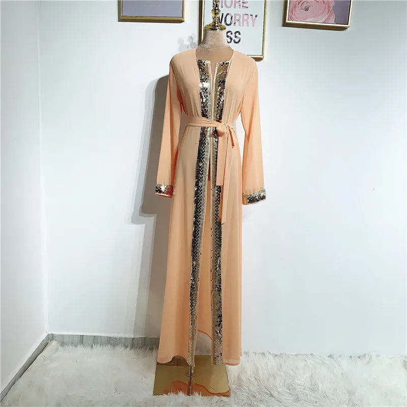 High Quality Muslim Women Sequined  Front Open Kaftan Abaya Long Dress for Eid Mubarak