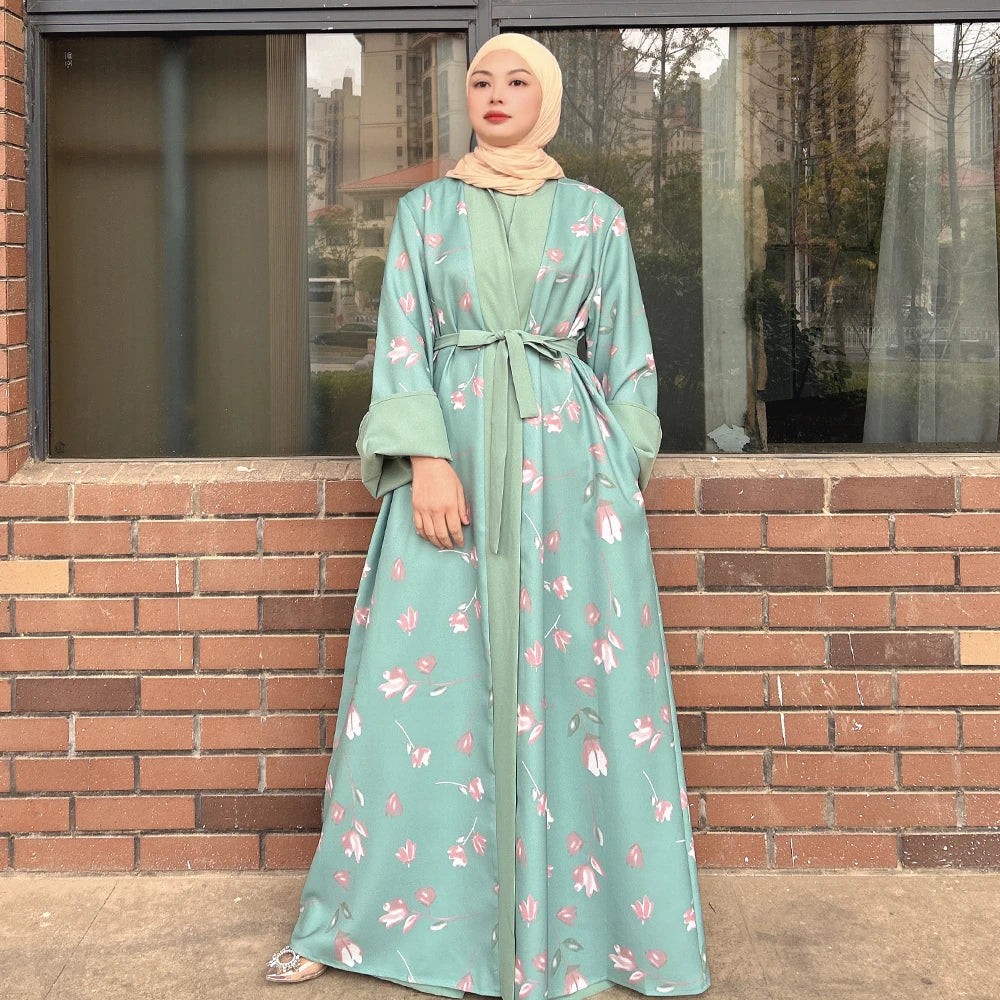 Loriya new abaya designs turkey flower printing women cardigan abaya muslim women open abaya modest dresses