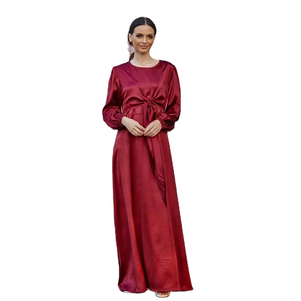 Elegant Indonesia islamic clothing satin material abaya women muslim dress long maxi slip twist islamic dresses wholesale