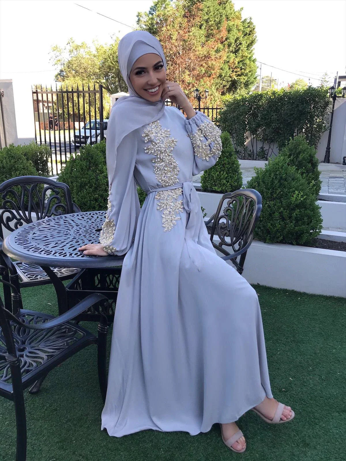 New fashion beaded embroidery maxi dress round neck summer muslim women nida dress abaya