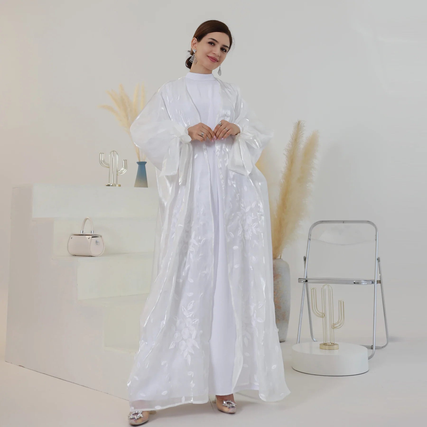 Loriya Modest Embroidery Dubai Abaya Open Kimono Cardigan Women White Abaya Wedding Dress Islamic Clothing