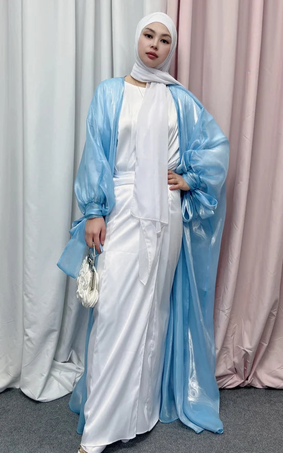 2022 New Design Elegant Fashionable Dubai Turkish Organza Translucent Open Front Abaya Women Muslim Dress