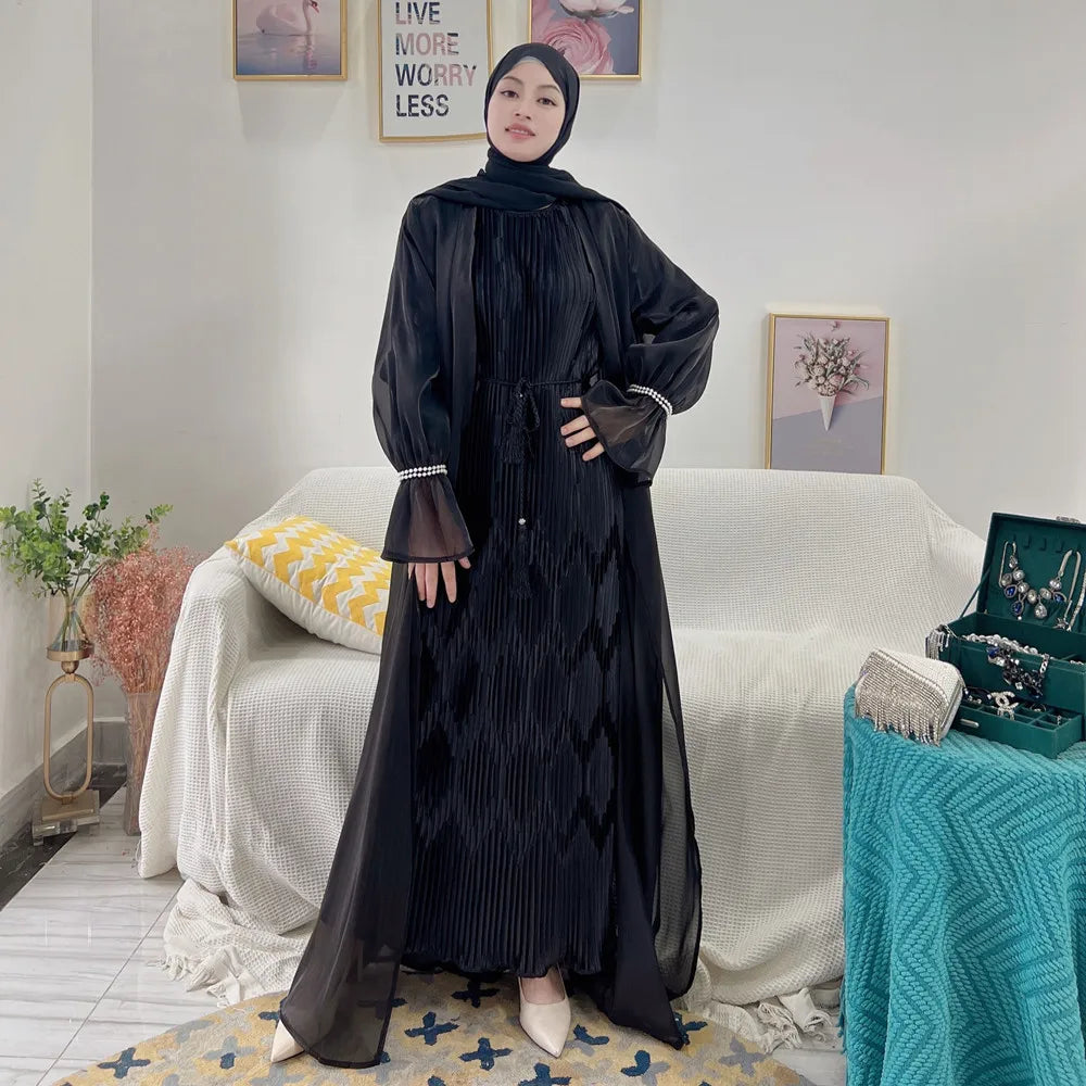 Loriya EID Cardigan ouvert pour femmes Kimono d'été en organza Abaya pour femmes Robe islamique Dubaï Turquie Abaya