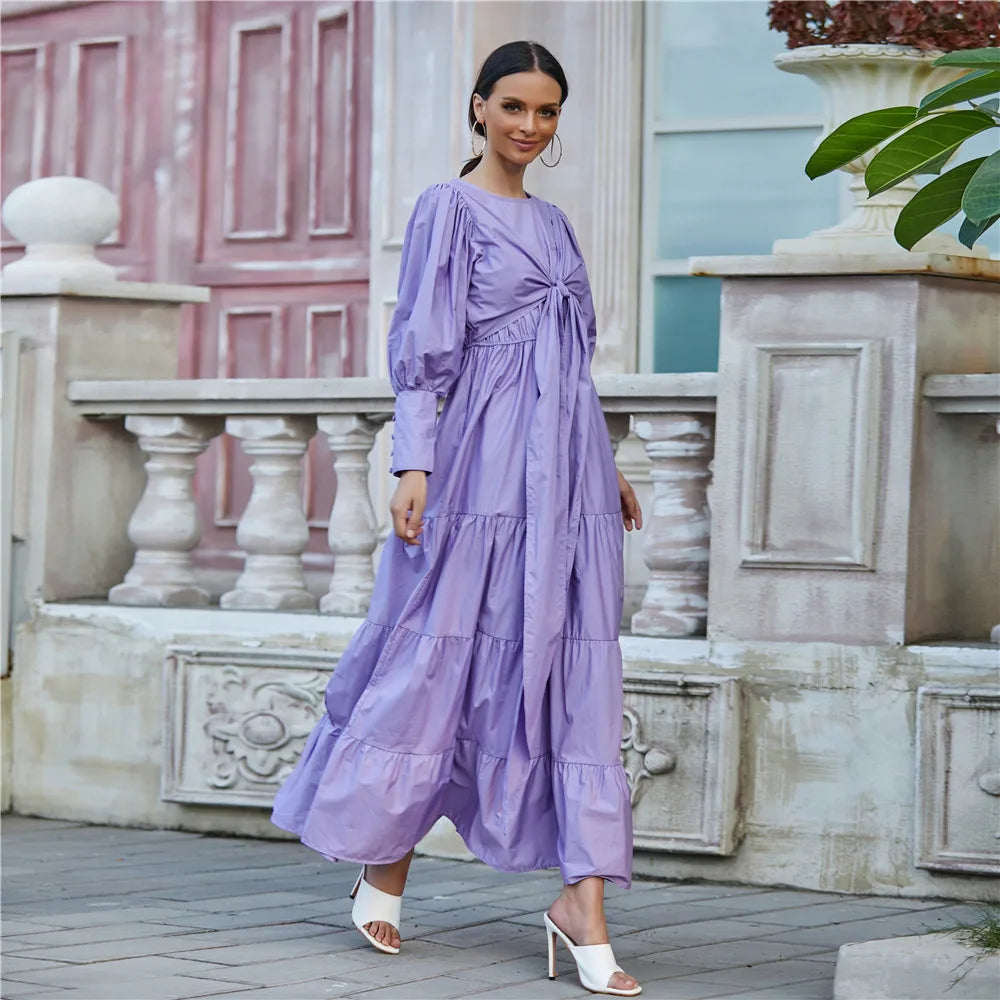 Best selling modern islamic clothing Ruffles hem puff sleeves cotton long maxi women muslim dress