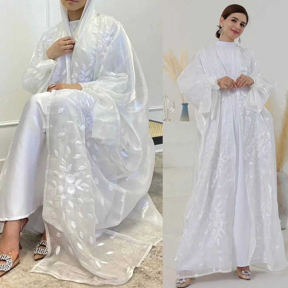 Loriya Modest Embroidery Dubai Abaya Open Kimono Cardigan Women White Abaya Wedding Dress Islamic Clothing