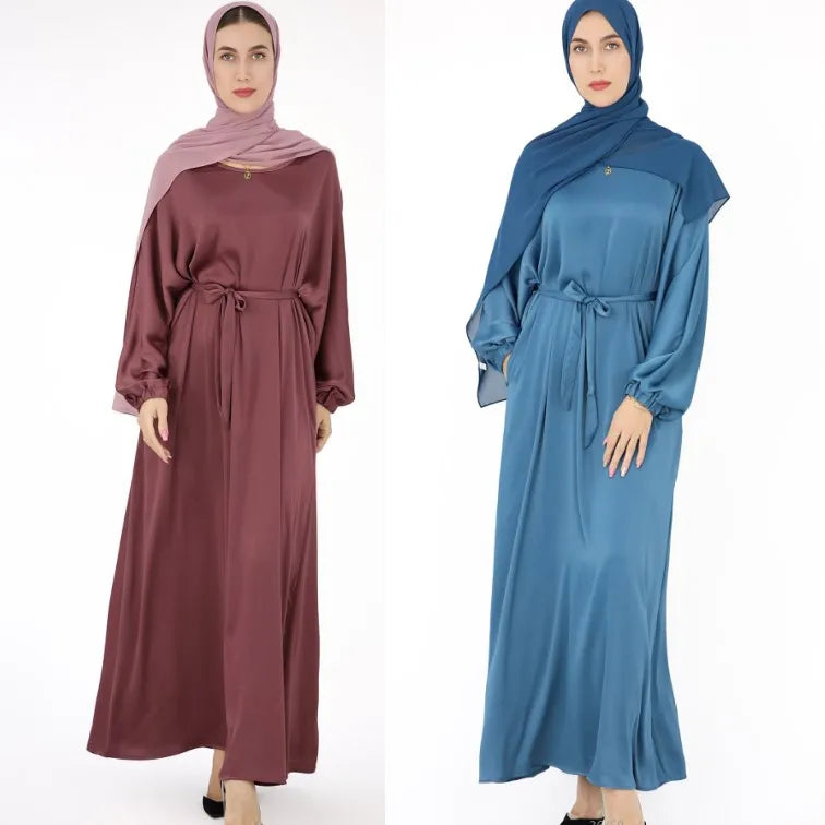 Drop Shipping Loriya New Trend Wrinkle Satin Women Modest Abaya Women Muslim Dress Fashion Muslim Clothing with Elastic Sleeve a