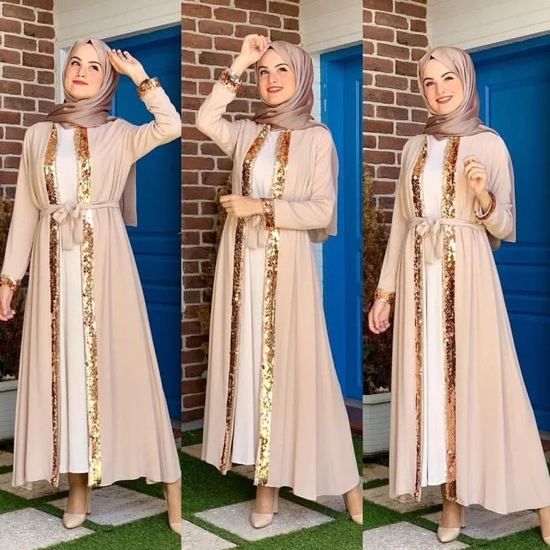 High Quality Muslim Women Sequined  Front Open Kaftan Abaya Long Dress for Eid Mubarak