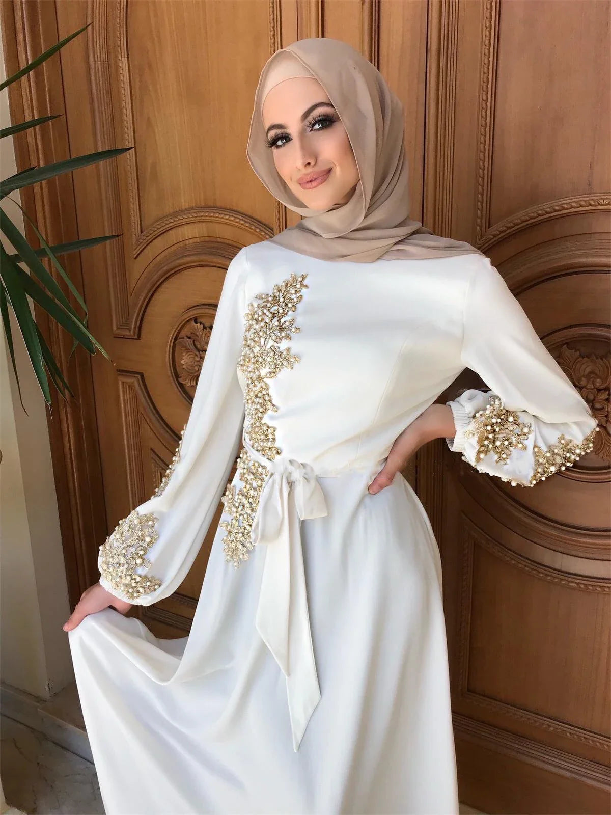 New fashion beaded embroidery maxi dress round neck summer muslim women nida dress abaya