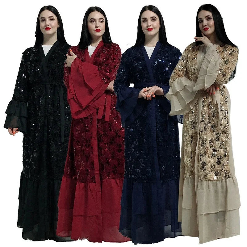 High quality muslim women abaya sequin kaftan cardigan islamic evening party dress