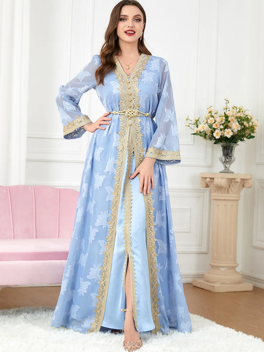 Wholesale Muslim Women Dress Long Sleeve V Neck Elegant Kaftan Caftan Modest Dress Abaya Islamic Clothing