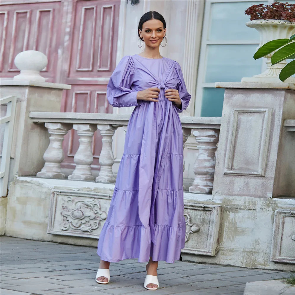 Best selling modern islamic clothing Ruffles hem puff sleeves cotton long maxi women muslim dress