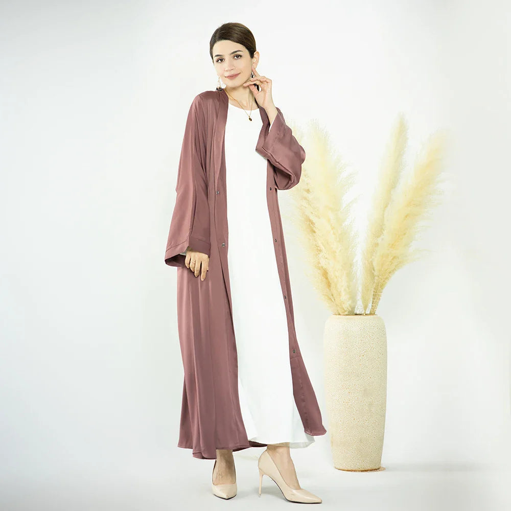 Loriya 2023 Robes modestes Couleurs unies Satin Abaya ouverte avec poches latérales Filles musulmanes Abaya 