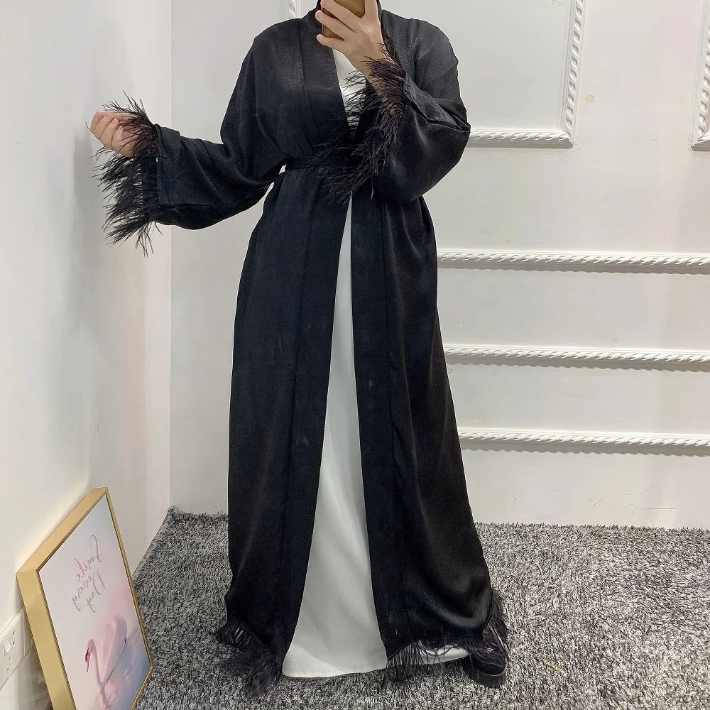 Top Selling Modest Front Open Abaya Cardigan Islamic Dress Polyester with Fur Caftan Islamic Clothing