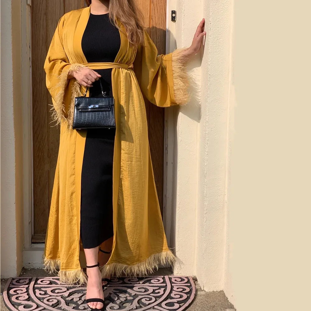 Top Selling Modest Front Open Abaya Cardigan Islamic Dress Polyester with Fur Caftan Islamic Clothing