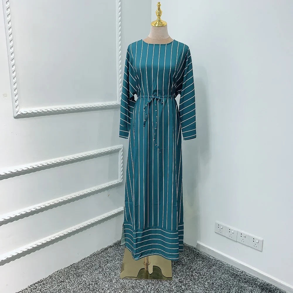 Wholesale new stripe blue green color Muslim fashion Dubai Abaya Islamic clothing summer dress