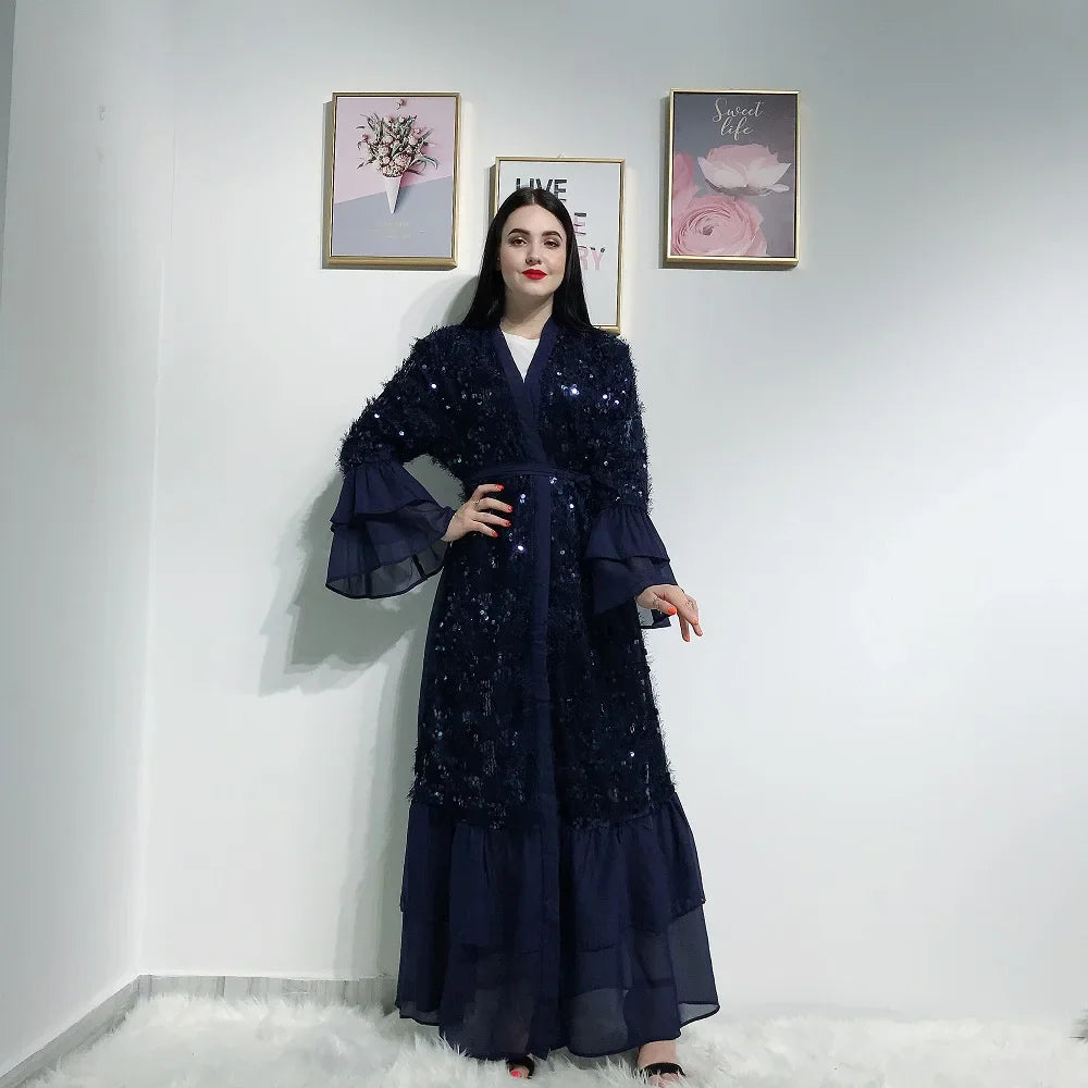 High quality muslim women abaya sequin kaftan cardigan islamic evening party dress