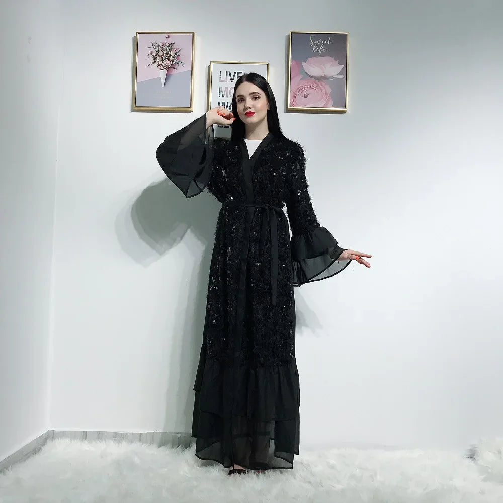 High quality muslim women abaya sequin kaftan cardigan islamic evening party dress