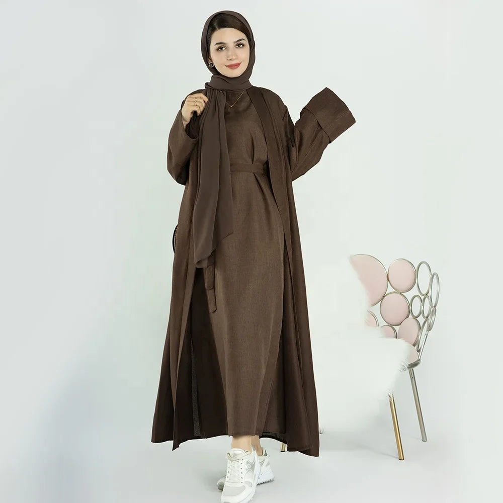 2023 Loriya Fashion New EID Islamic Clothing Linen Solid Color Open Abaya Muslim Ladies Abaya