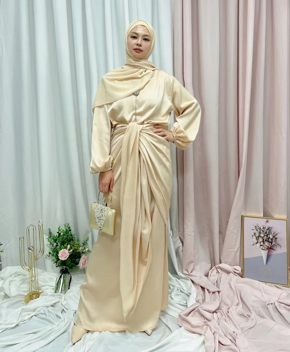 2022 Wholesale  Latest Satin Abaya Muslim Fashion Clothing New Designs Dubai Women 2 Pieces Dress