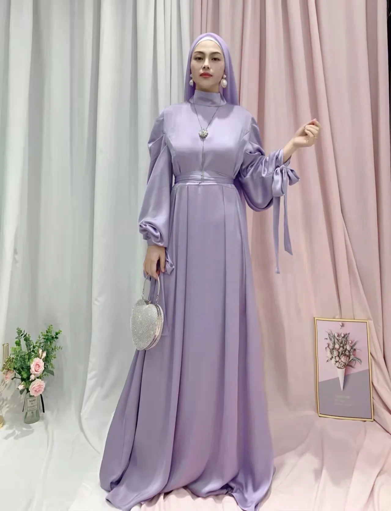 2022 Ramadan Fashion High Waist Satin Abaya Women Muslim Long Maxi Dress Elegant Party Islamic Clothes