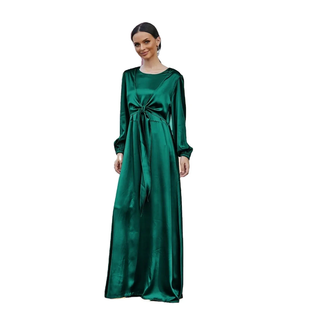 Elegant Indonesia islamic clothing satin material abaya women muslim dress long maxi slip twist islamic dresses wholesale