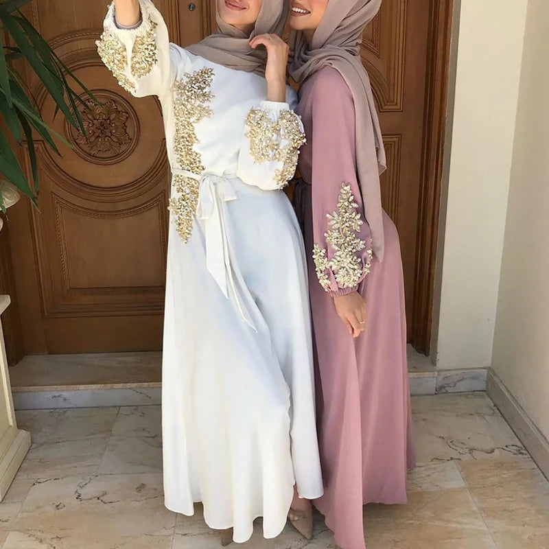 New fashion beaded embroidery maxi dress round neck summer muslim women nida dress abaya