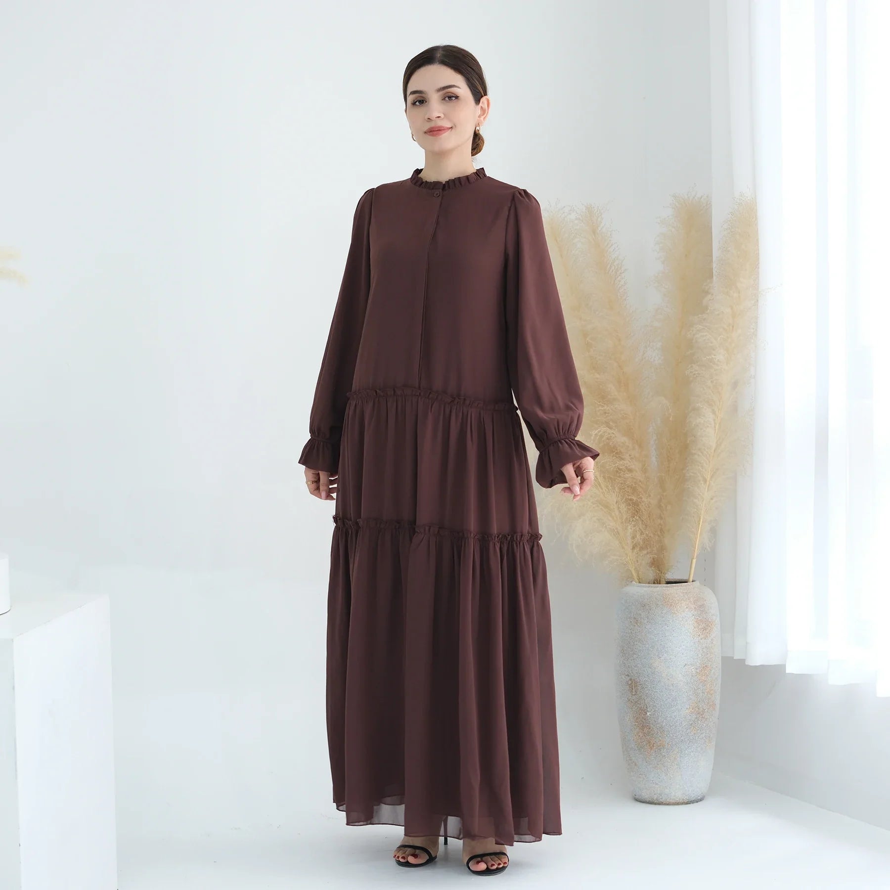 Loriya Wholesale 2024  Solid Color Layered Chiffon Women's Dresses with  Lining Abaya Women Muslim Dress Matching Hijab