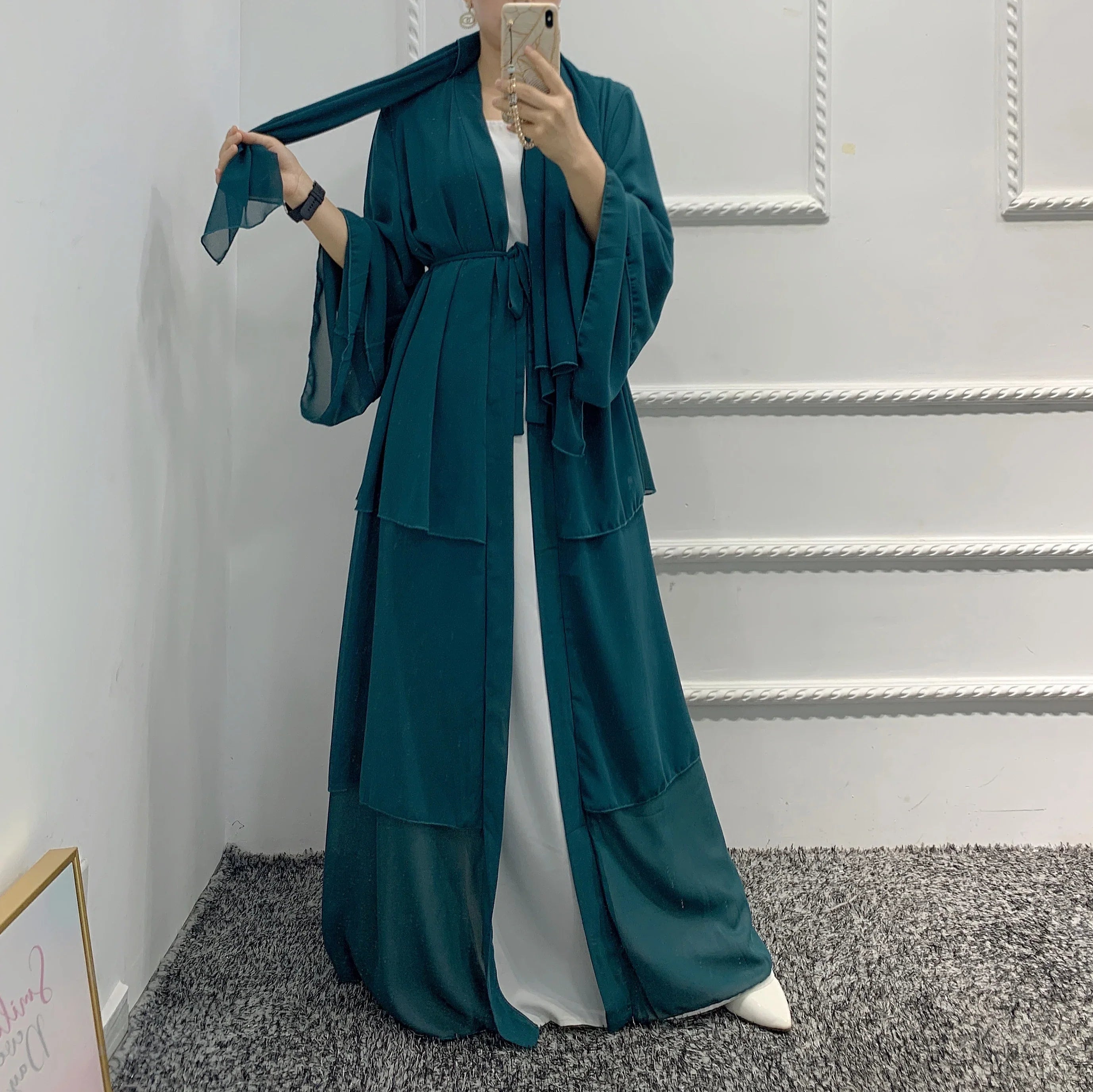 2022 New design islamic clothing women 3 Layer Chiffon Open Abaya Dress for Arab Muslim girls