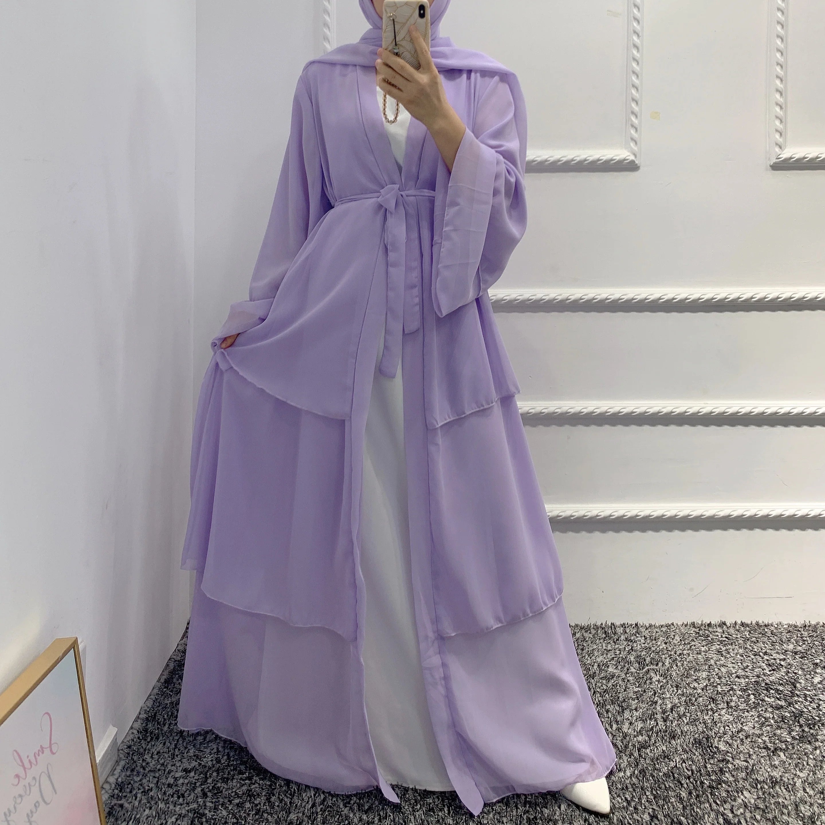 2022 New design islamic clothing women 3 Layer Chiffon Open Abaya Dress for Arab Muslim girls