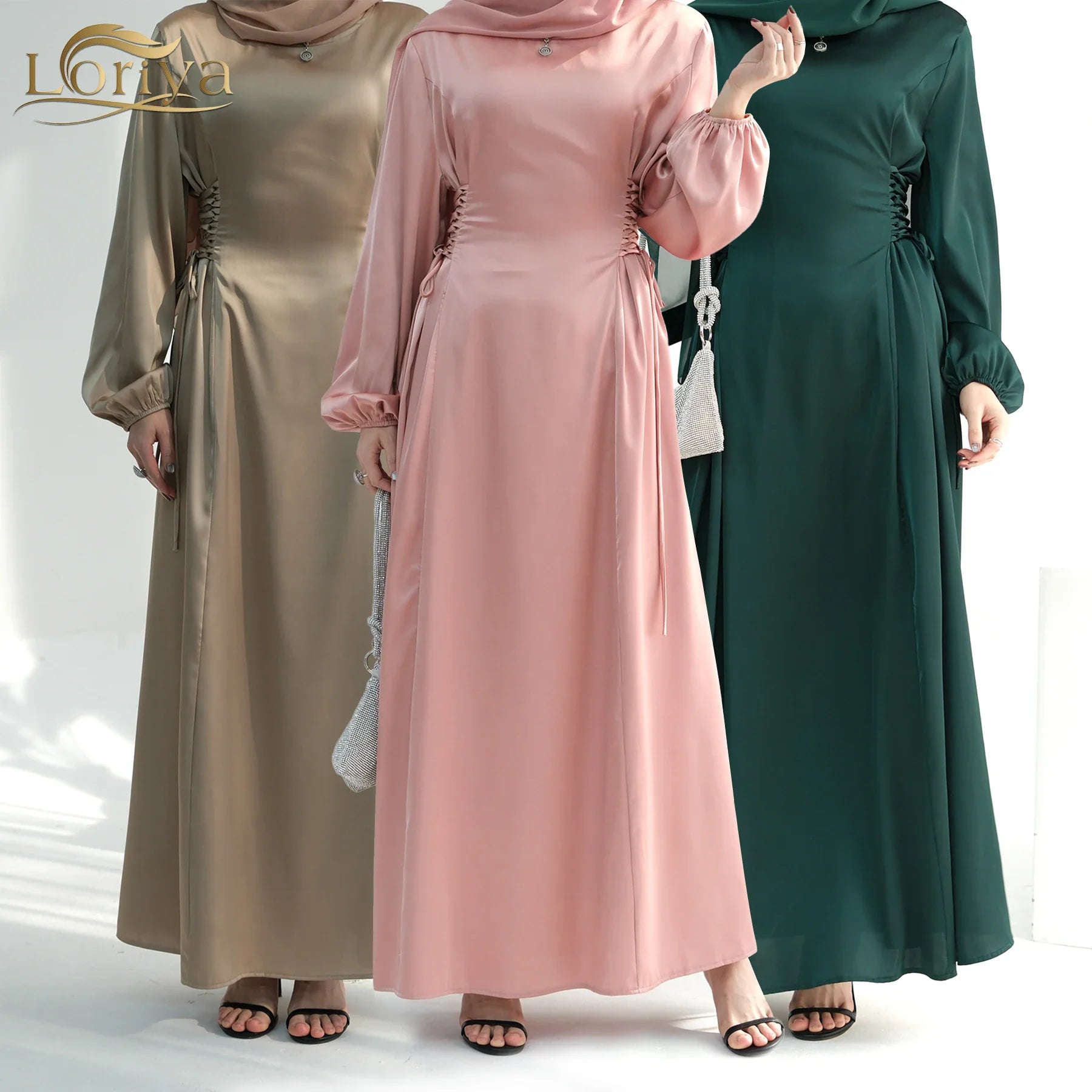 2024 Loriya Modest Satin Women Casual Dress Long Sleeve Middle East Arabic Islamic Clothing Modest Abaya Muslim Dress