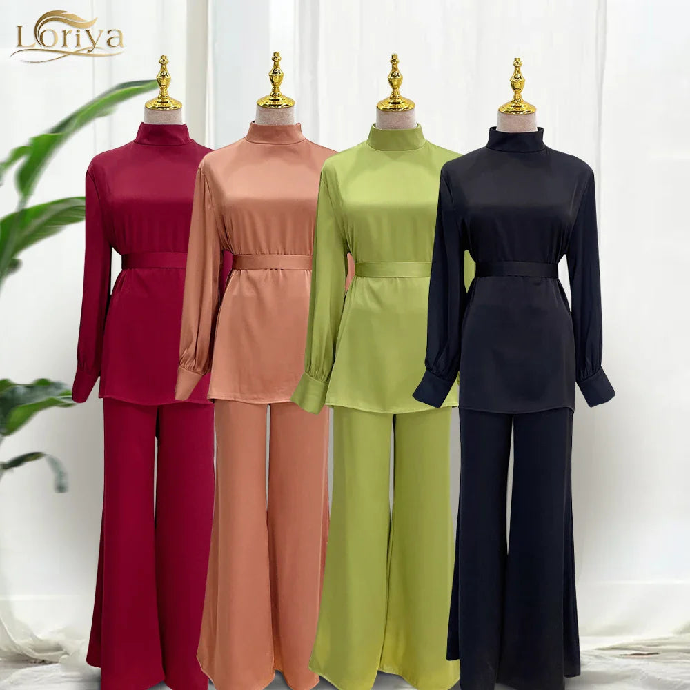 2023 Loriya Islamic Clothing Modest Abaya Top and Pants Two Pieces Set Muslim Girls Abaya