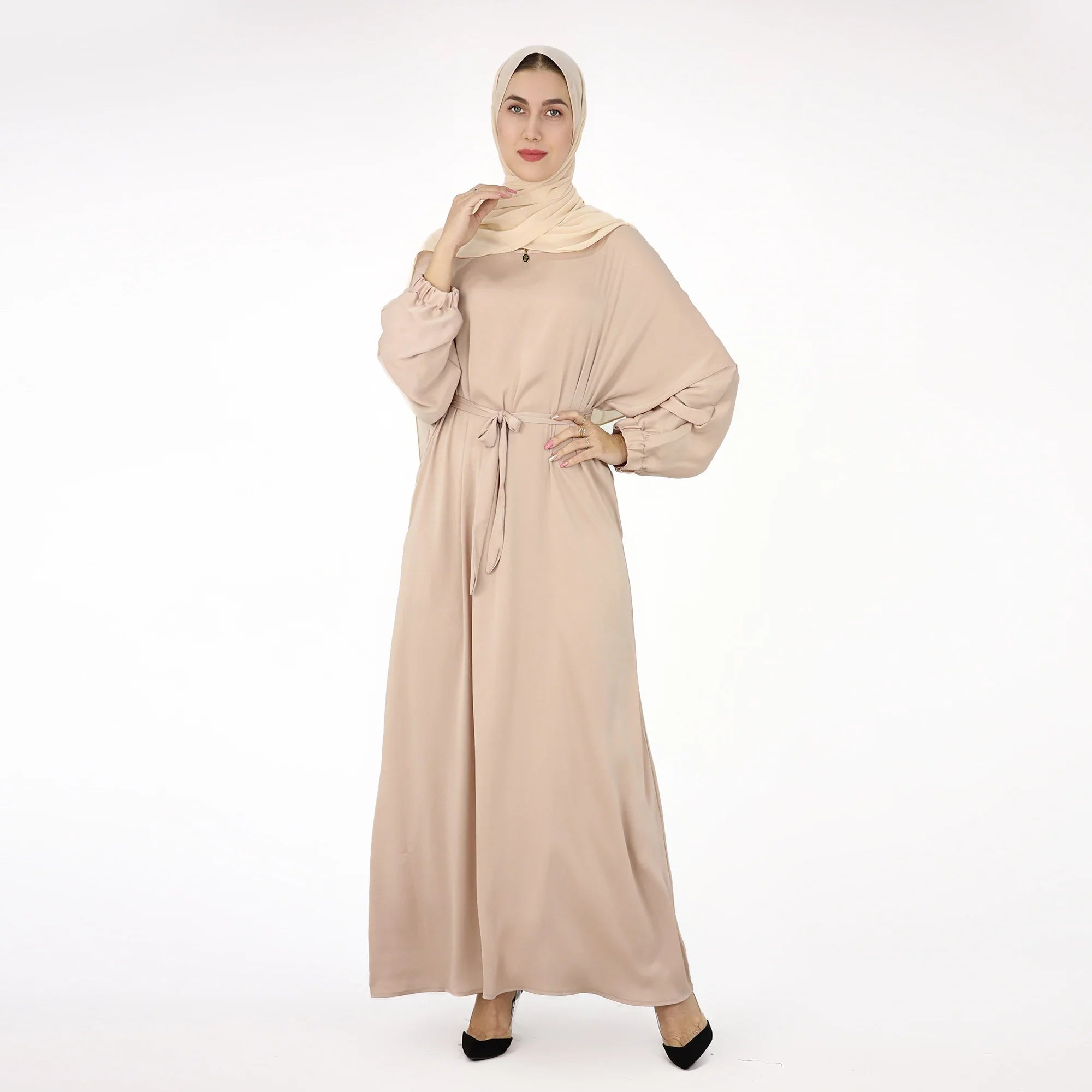 Drop Shipping Loriya New Trend Wrinkle Satin Women Modest Abaya Women Muslim Dress Fashion Muslim Clothing with Elastic Sleeve a