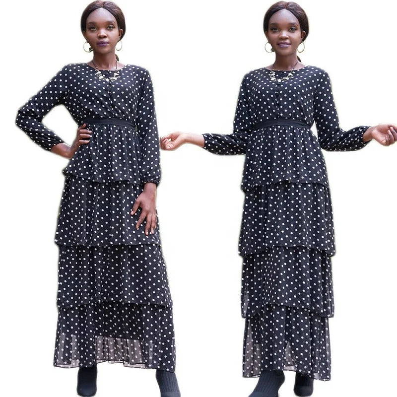 Wholesale women ladies layered long dress chiffon polka dot casual Muslim Abaya maxi dress