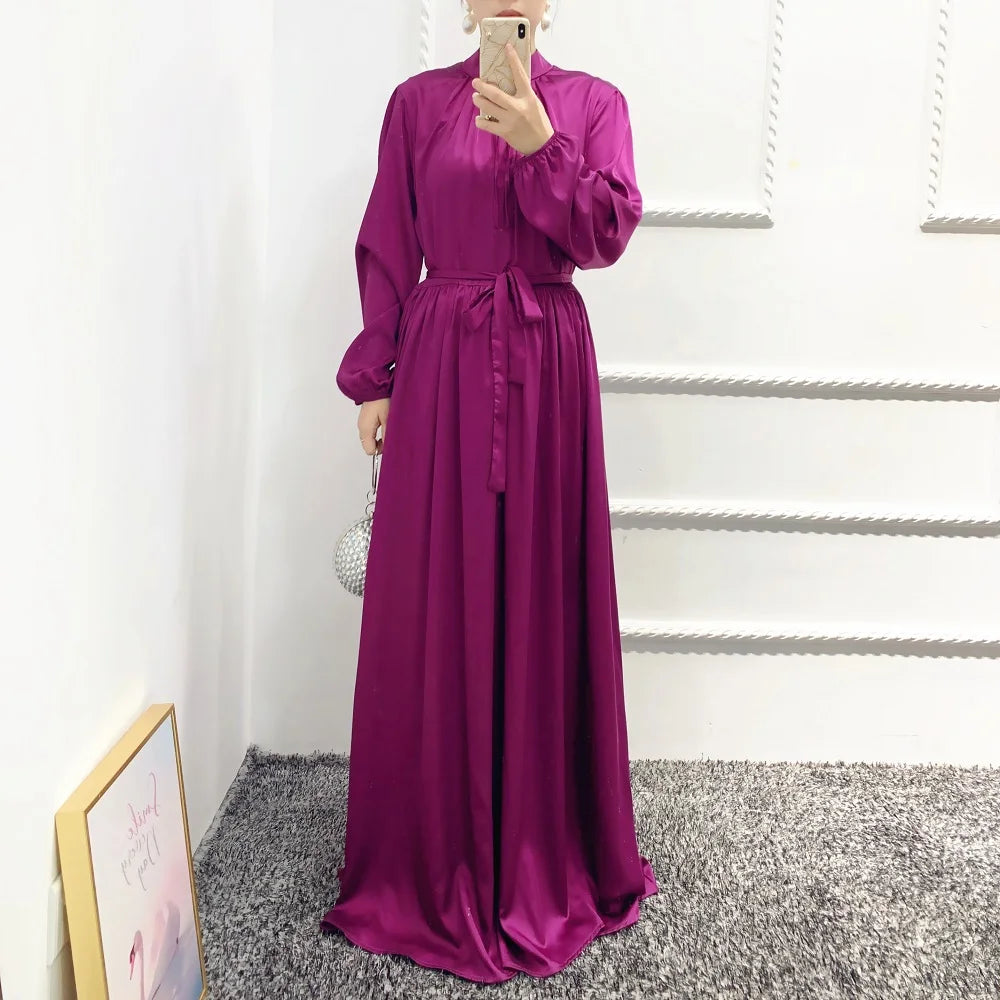 8 colors bulk wholesale maxi dresses muslim women long sleeve abaya satin dress dubai islamic clothing