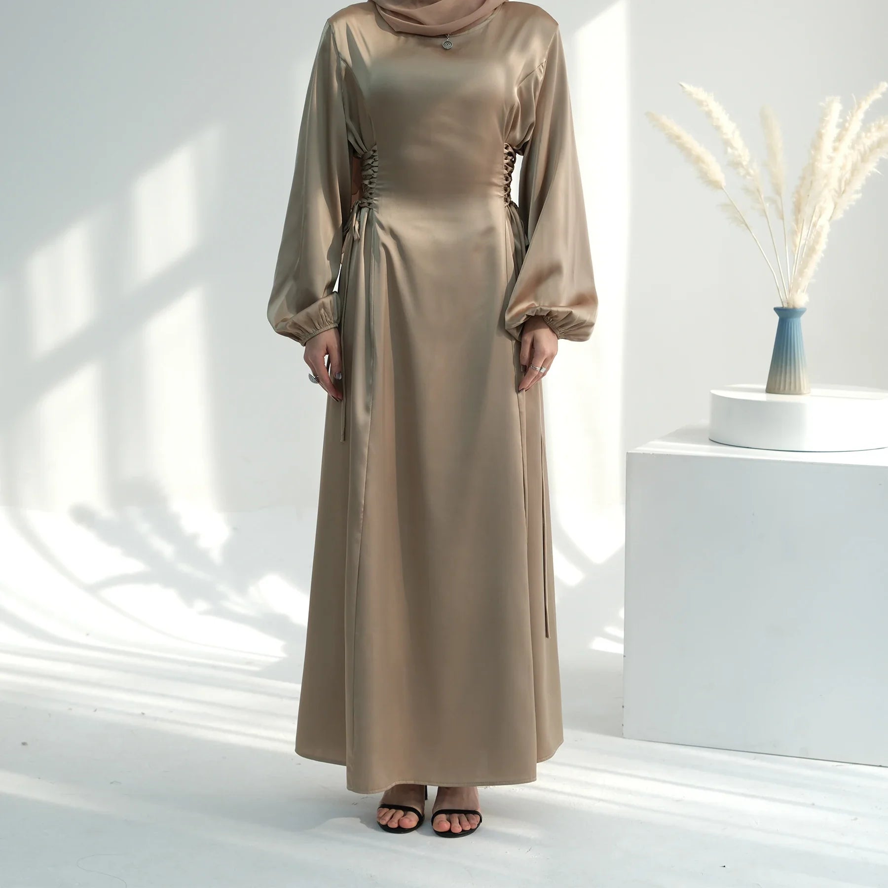 2024 Loriya Modest Satin Women Casual Dress Long Sleeve Middle East Arabic Islamic Clothing Modest Abaya Muslim Dress