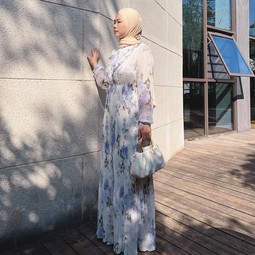 Loriya Fashion 2023 Nouvelle Robe à Fleurs Imprimée en Mousseline de Soie EID Abaya Femmes Robe Musulmane Vêtements Islamiques Robe Modeste En Gros 